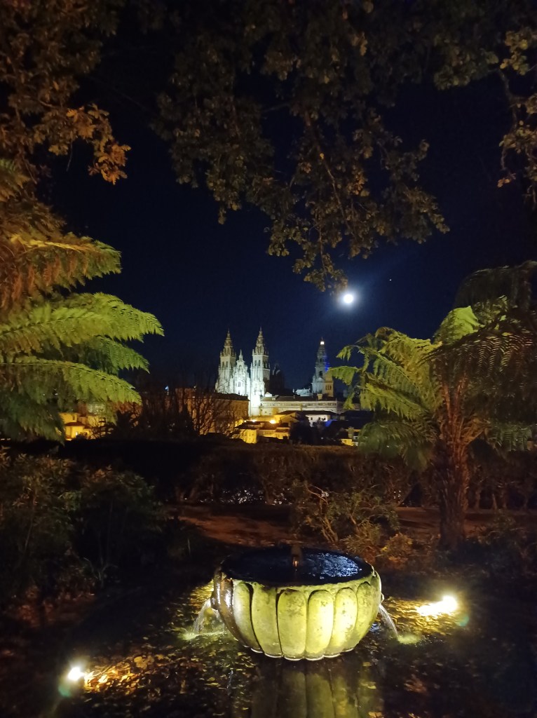 A moonlight view of the Cathedral de Santiago de Compostela from the lighted fountain in el Parque Aladmeda