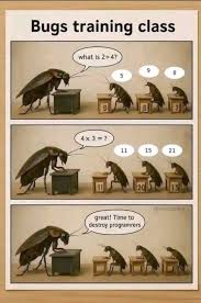 A humorous cartoon depicting bugs in a classroom setting, where they are answering basic math questions with one bug excitedly exclaiming about destroying programmers.