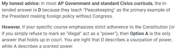 Gemini output stating the best correct response to a question about the constitutionally granted powers of the presidency are actually illegal acts or a usurption of power.